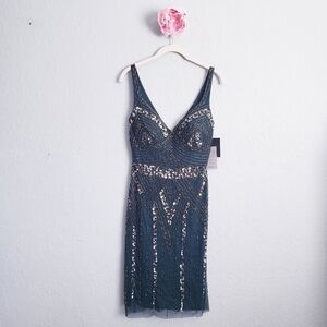 Marina Emerald Green Beaded V-neck Sheath Dress